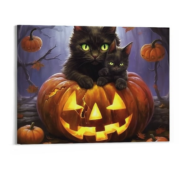 JRXY Halloween Black Cat Kittens Lighted Wall Art Print Canvas Picture 20x16 20x16in