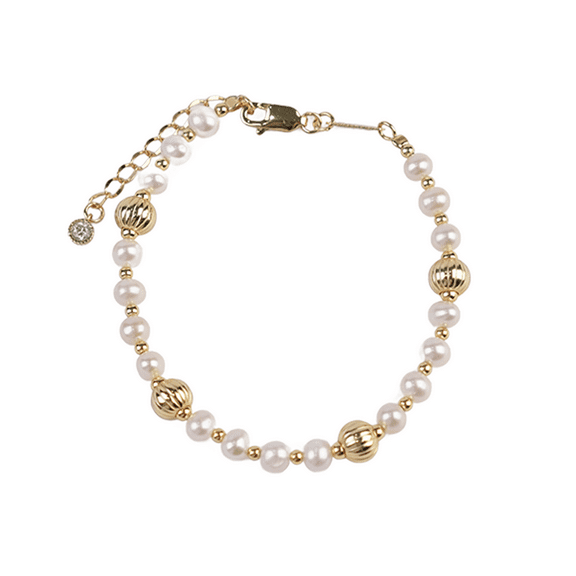 Elegant Silver & Freshwater Pearl Bracelet for Women, Gold Bead Accent Adjustable Bridal Wedding Party Fashion Jewelry Gift