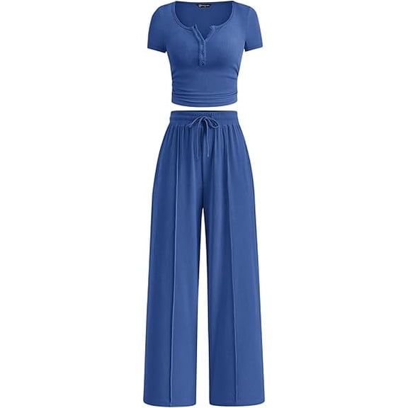 PRETTYGARDEN Womens 2 Piece Outfits Summer Ribbed Knit Button Short Sleeve Tops Casual Wide Leg Pants Lounge Sets
