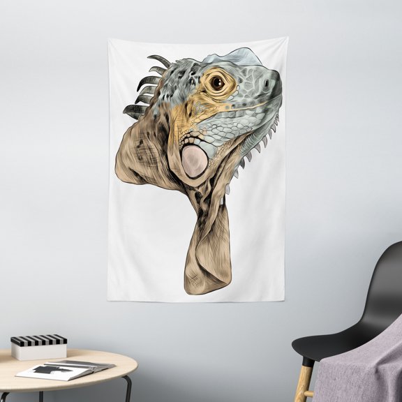 Iguana Tapestry, Sketch Animal Portrait from Lizard Family with Flappy Neck Realistic, Wall Hanging for Bedroom Living Room Dorm Decor, 40W X 60L Inches, Pale Brown Pale Sage Green, by Ambesonne