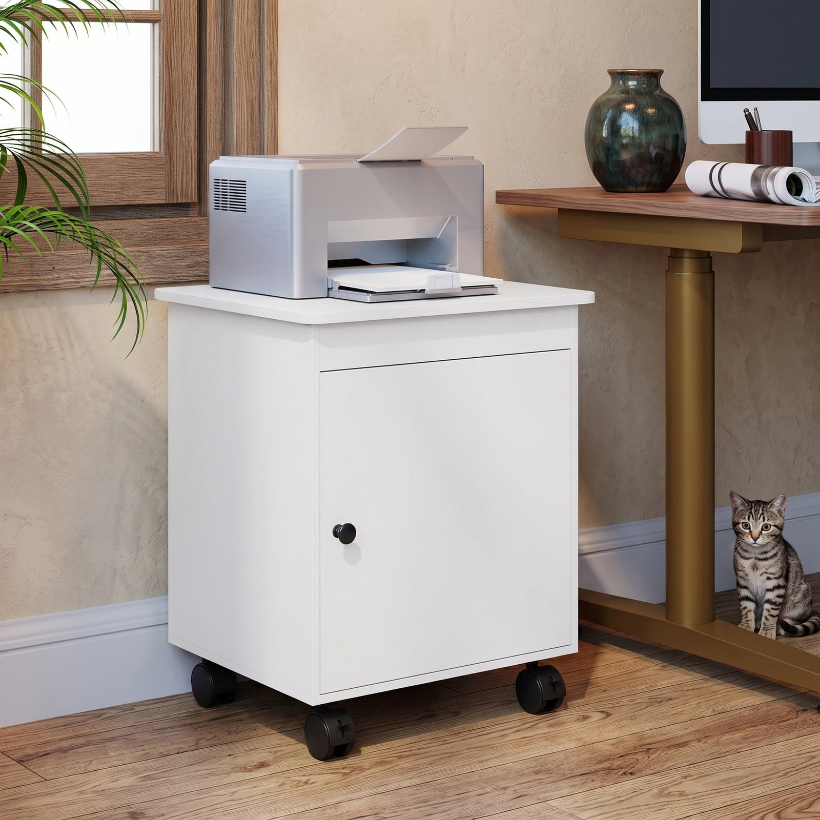 Furnibear Mid Century Nightstand Set of 2 with Enclosed Storage Cabinet and Open Top and Metal Legs for Bedroom and Living Room, White