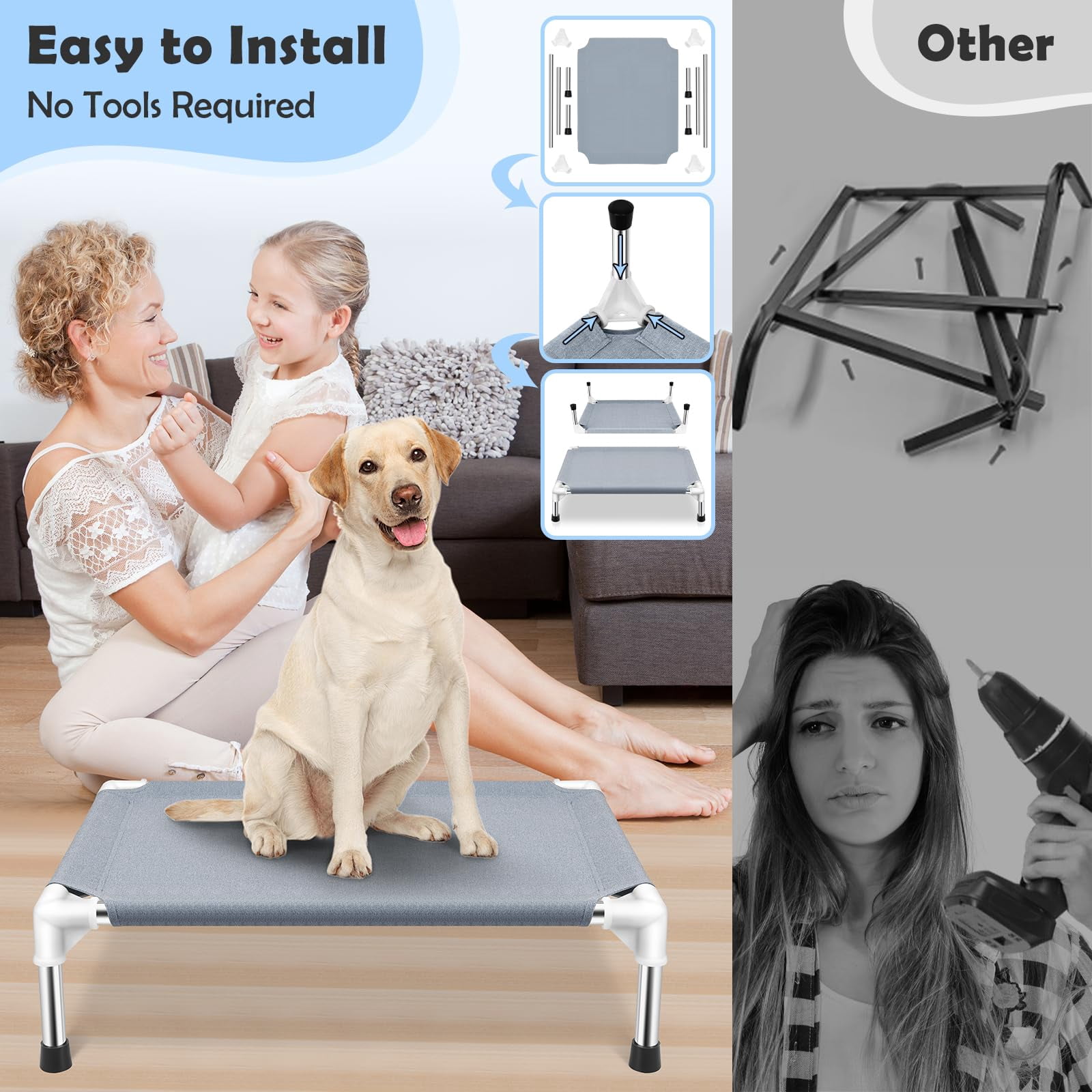 Elevated Dog Bed  Raised Outdoor For Medium Dogs Portable Pet Cots With No-slip Rubber Feet Double Layer Polyester Cotton