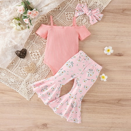 

dmqupv Girls Outfit Girls Short Sleeve Ribbed Bowknot Romper Bodysuit Floral Prints Bell 3 6 Month Girl Clothes Red 3-6 Months