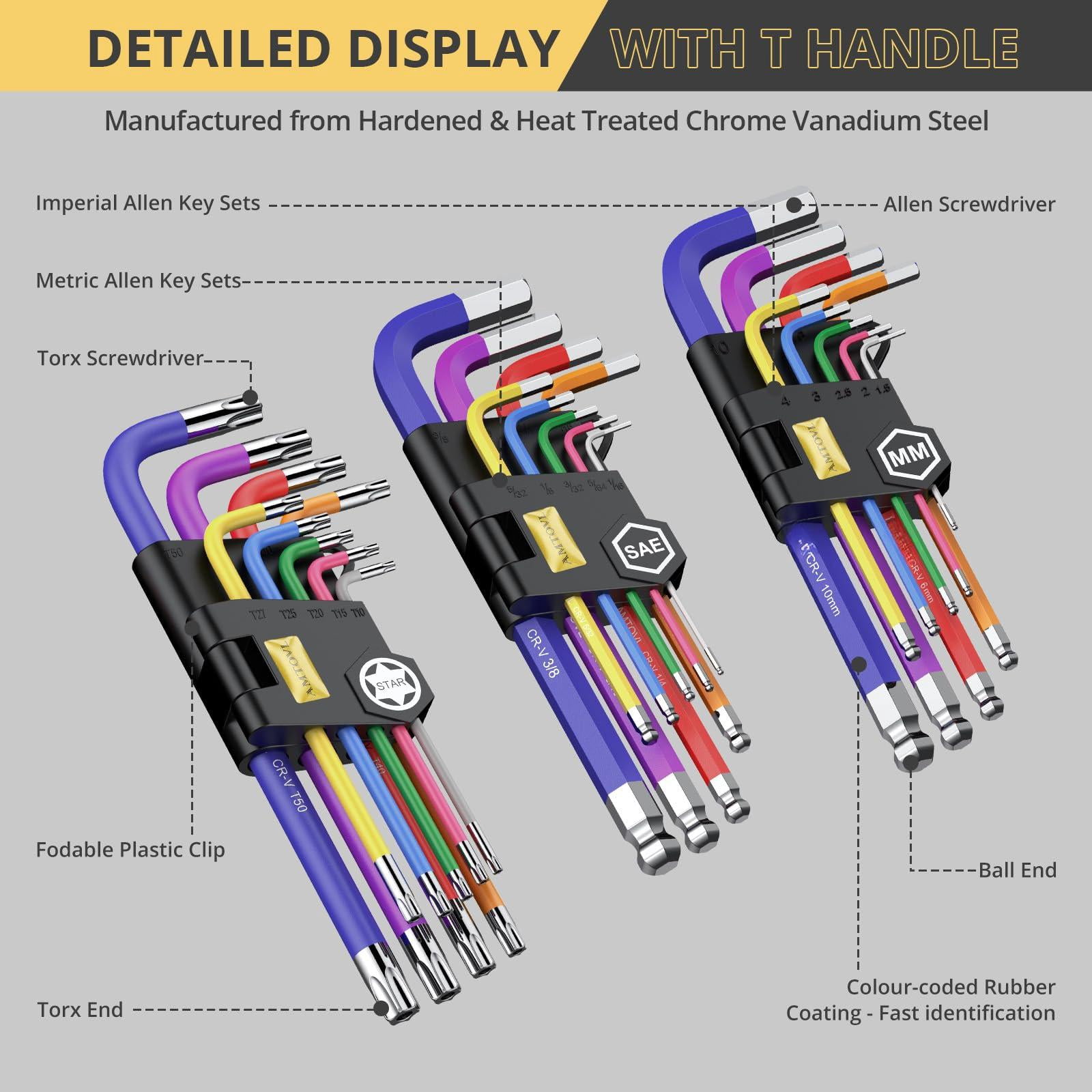 27pcs Allen Key Set  Metric & Sae Wrench Extra Long Ball Star End Hex Keys With T-handle Color Coding For Bicycle Household Diy