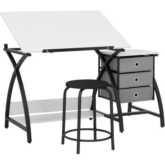 SD STUDIO DESIGNS 2 Piece Comet Center Plus, Craft Table and Matching Stool Set with Storage and Adjustable Top, Black/White, 50x23.75x29.5 inches