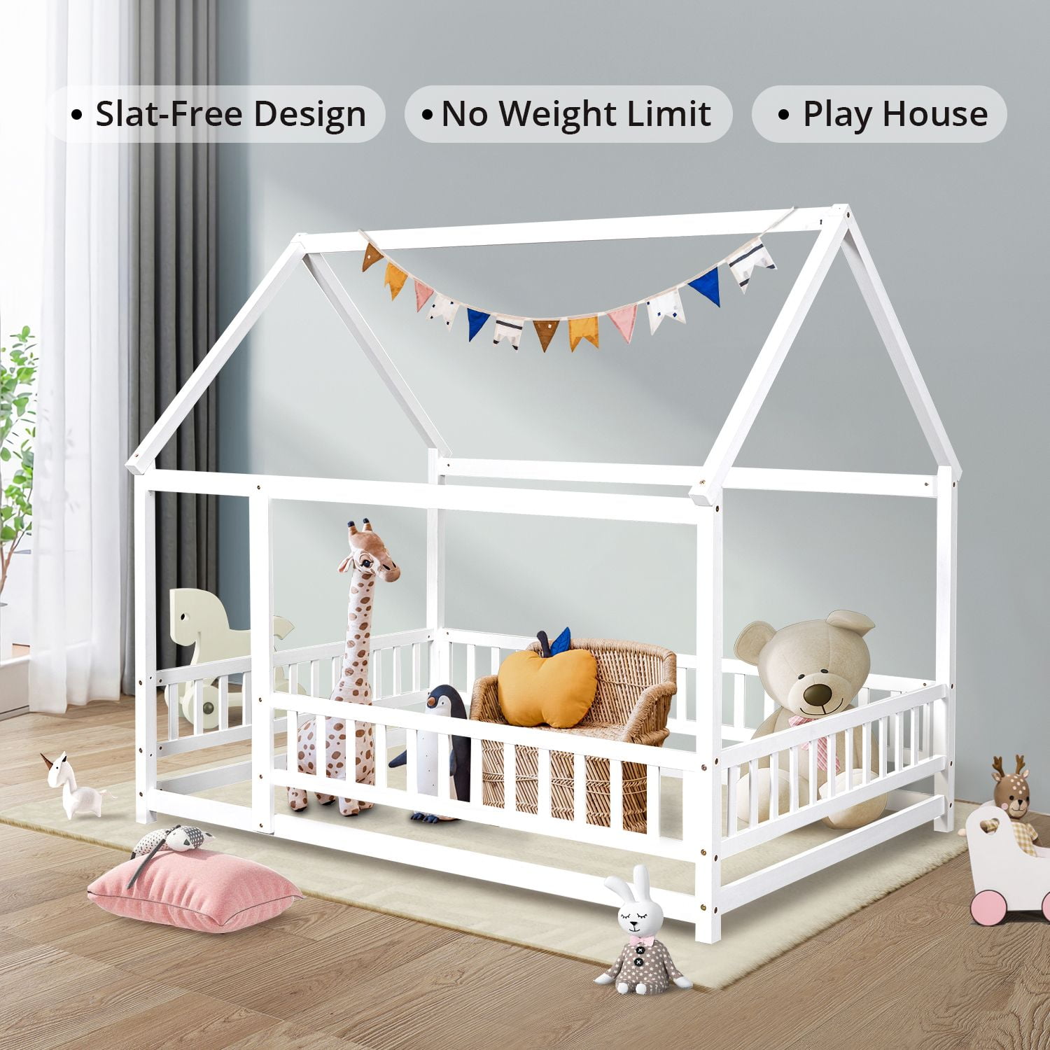 Full Size House Floor Bed with Roof, Wooden Floor Bed Frame with Door Frame and Safety Fence, Montessori House Floor Bed for Boys and Girls, White