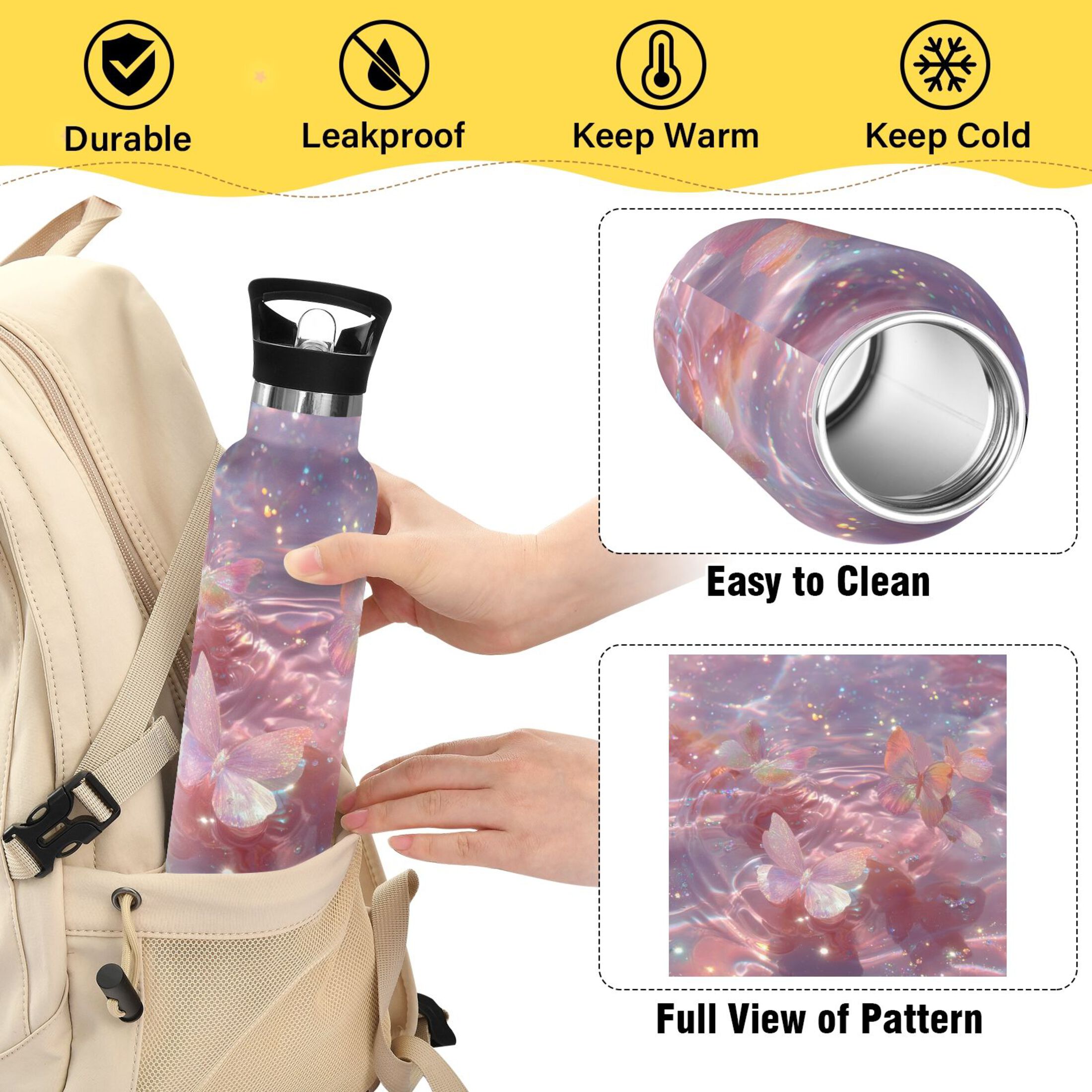 600ML Stainless Steel Insulated Cup Sports Water Bottle Portable Thermos Cup Water Glasses Insulated Tumblers Convenient and Durable Dream Butterfly
