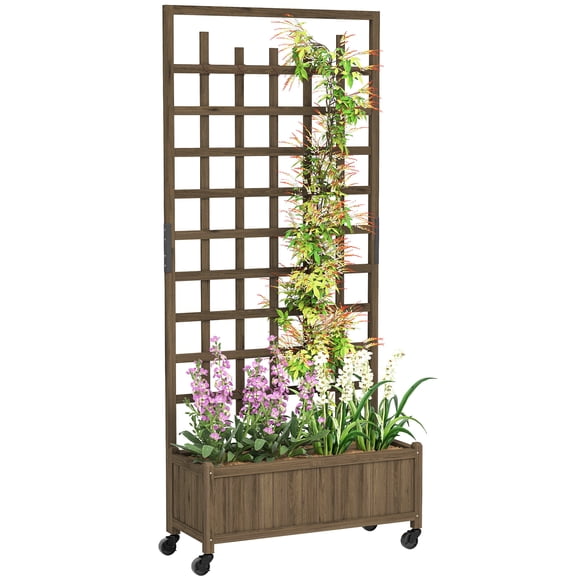 Outsunny Planter with Trellis, Raised Garden Bed with Wheels, Brown