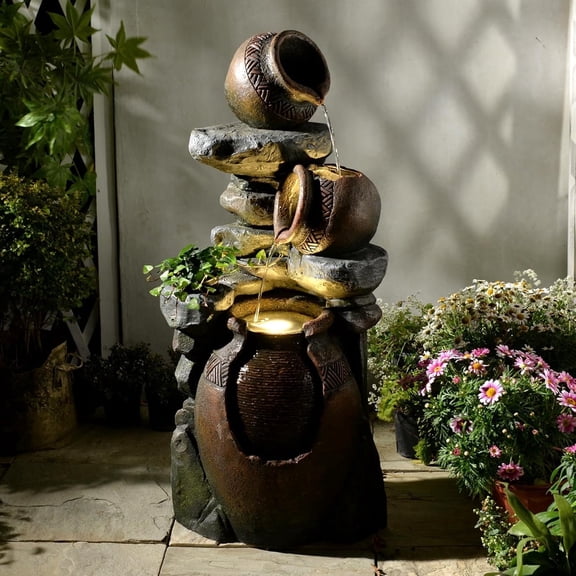 Garden Water Fountain Outdoor Decor - 38.4" 3 Tier Standing Cascading Waterfall Outdoor Water Fountain with LED Lights & Pumps,Natural Design for Garden,Patio, Porch, Backyard, Home Art Decor