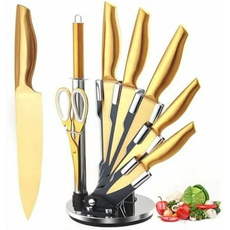 Gold Knife Set，8Pcs Golden Titanium Stainless Steel Kitchen Knife Set with Acrylic Knife Holder,Dishwasher Safe Non Stick Non Rust Knife Block Set