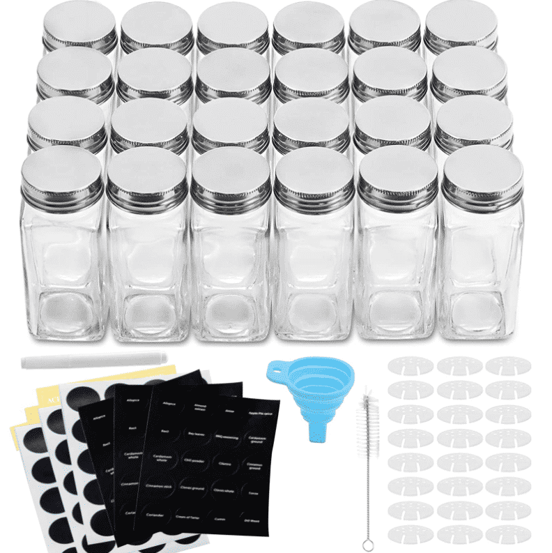 Spice Jars, SPANLA 12 Pack 4oz Small Glass Jars with Airtight Hinged Lid, with 12 Spice Labels & Silicone Funnels, for Art Craft Storage