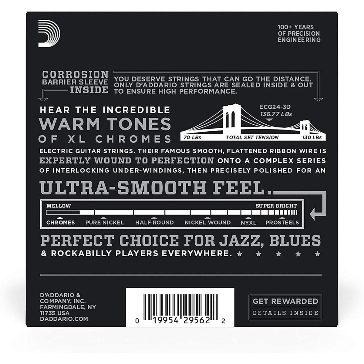 D'Addario ECG24-3D Chromes Flat Wound Electric Guitar Strings, Jazz Light, 11-50, 3 Sets