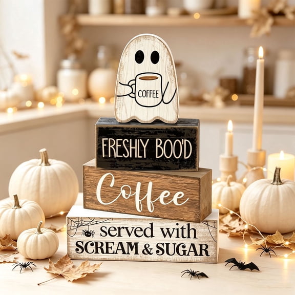 4 Pcs Halloween Decor Table Coffee Decor Ghost Wooden Sign Fall Decor Farmhouse Ghost Tabletop Centerpiece Decorative Coffee Bar Block Signs for Home Office Kitchen Shelf