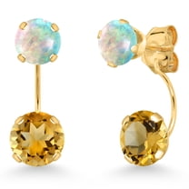 Gem Stone King 14K Yellow Gold Yellow Citrine and Simulated White Opal Stud Earrings for Women | 2.60 Cttw | Gemstone November Birthstone | Round 6MM