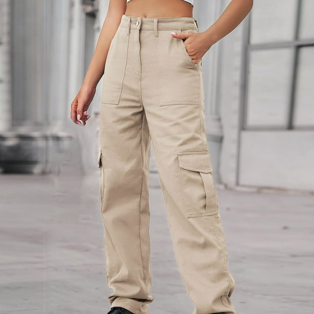 Womens Denim Cargo Pants with Multi Pockets High Waisted Straight