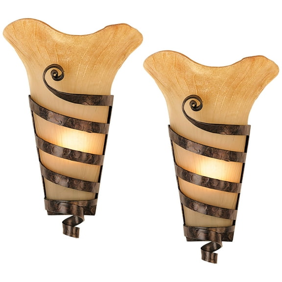 Franklin Iron Works Solara Farmhouse Rustic Wall Light Sconces Set of 2 Rust Hardwire 10" Fixture Iron Ribbon Scavo Art Glass for Bedroom Bathroom