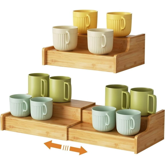 2-Tier Expandable Coffee Mug Holder, Countertop Station Bamboo Mug Cup Rack Coffee Bar Organizer, Tea Cups Stand for Cabinet, Multi-functional Mug Holder Shelf for Kitchen, Home