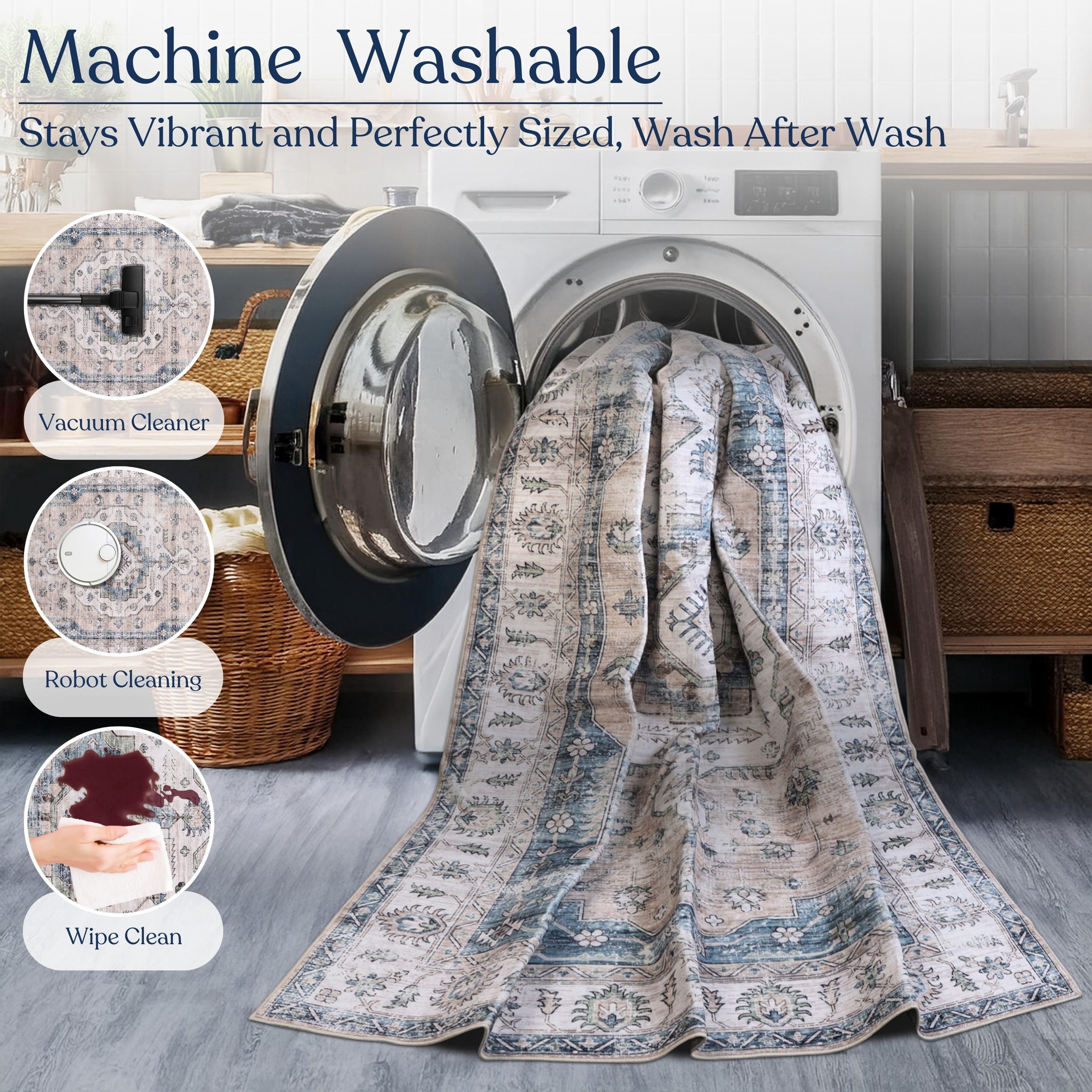 Delara 3'x5' Machine Washable Area Rug, Soft & Durable, Non-Slip, Stain Resistant, Vintage Bloom, for Bedroom, Living & Dining Room