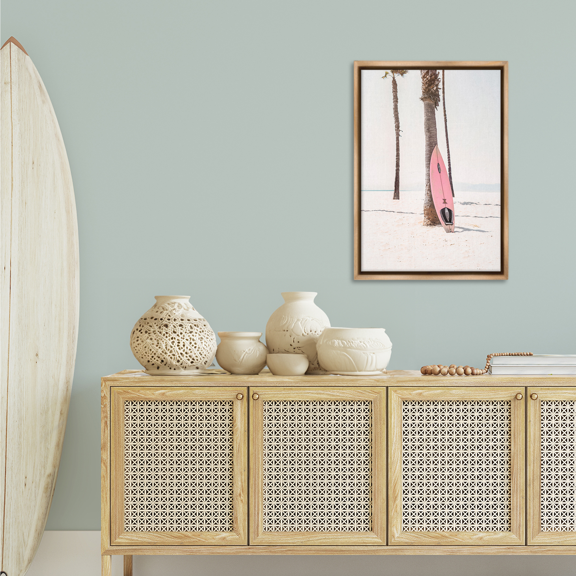 Stupell Industries Pink Surf Board Coastal Photography Brown Floater Framed Canvas Art Print Wall Art, 21 x 31