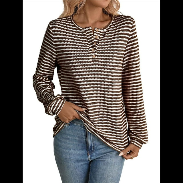 Camiseta Informal de Punto de Larga con Cuello Redondo y Botones A Rayas para Mujer Color Café M