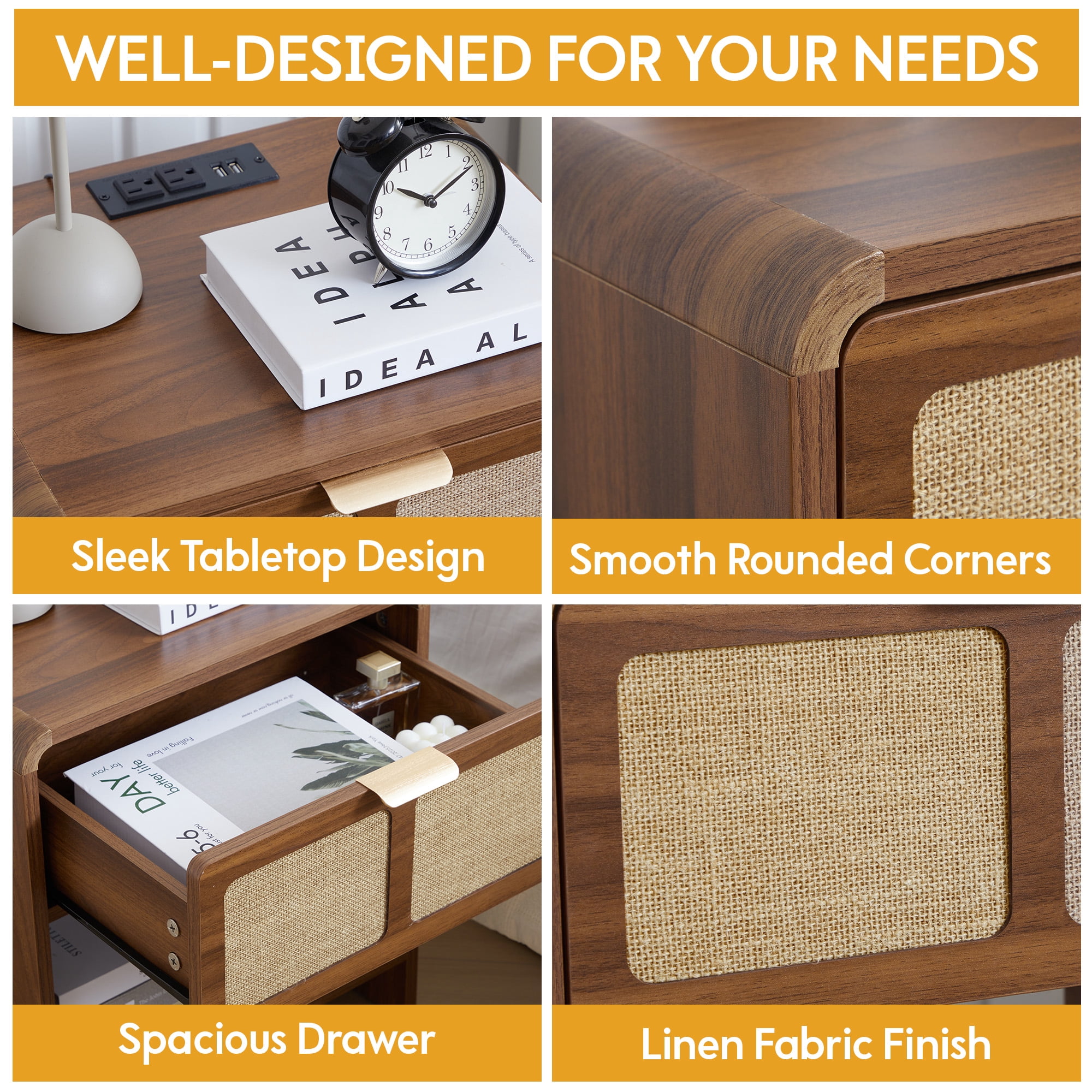 YOCWO Nightstand with Charging Station for Bedroom, Linen Bedside Table with Drawers, Walnut