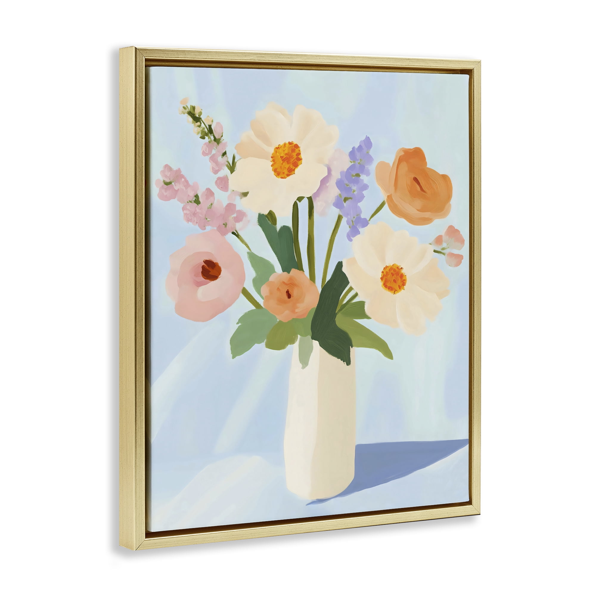 Stupell Industries Floral Bouquet in Sleek White Vase Gold Framed Floater Canvas Wall Art, design by The Prints Vibe