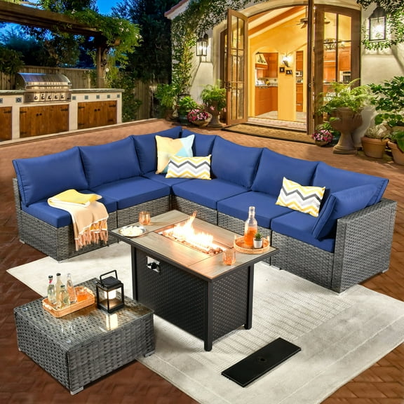 XIZZI 8 Pieces Patio Furniture Set Wicker Rattan Conversation Set with Propane Gas Fire Pit Table,Blue