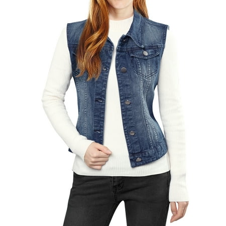 Women's Buttoned Washed Denim Vest Jacket w Chest Flap Pockets