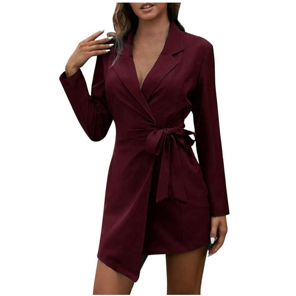 Womens Bodycon Blazer Dress Collared Long Sleeve Slim Fit Work Office Business Party Pencil Mini Dress with Belt