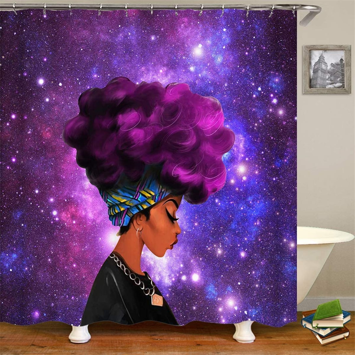 African Women Shower Curtain Black Girl w/ Purple Hair Afro Hairstyle Home Decro 