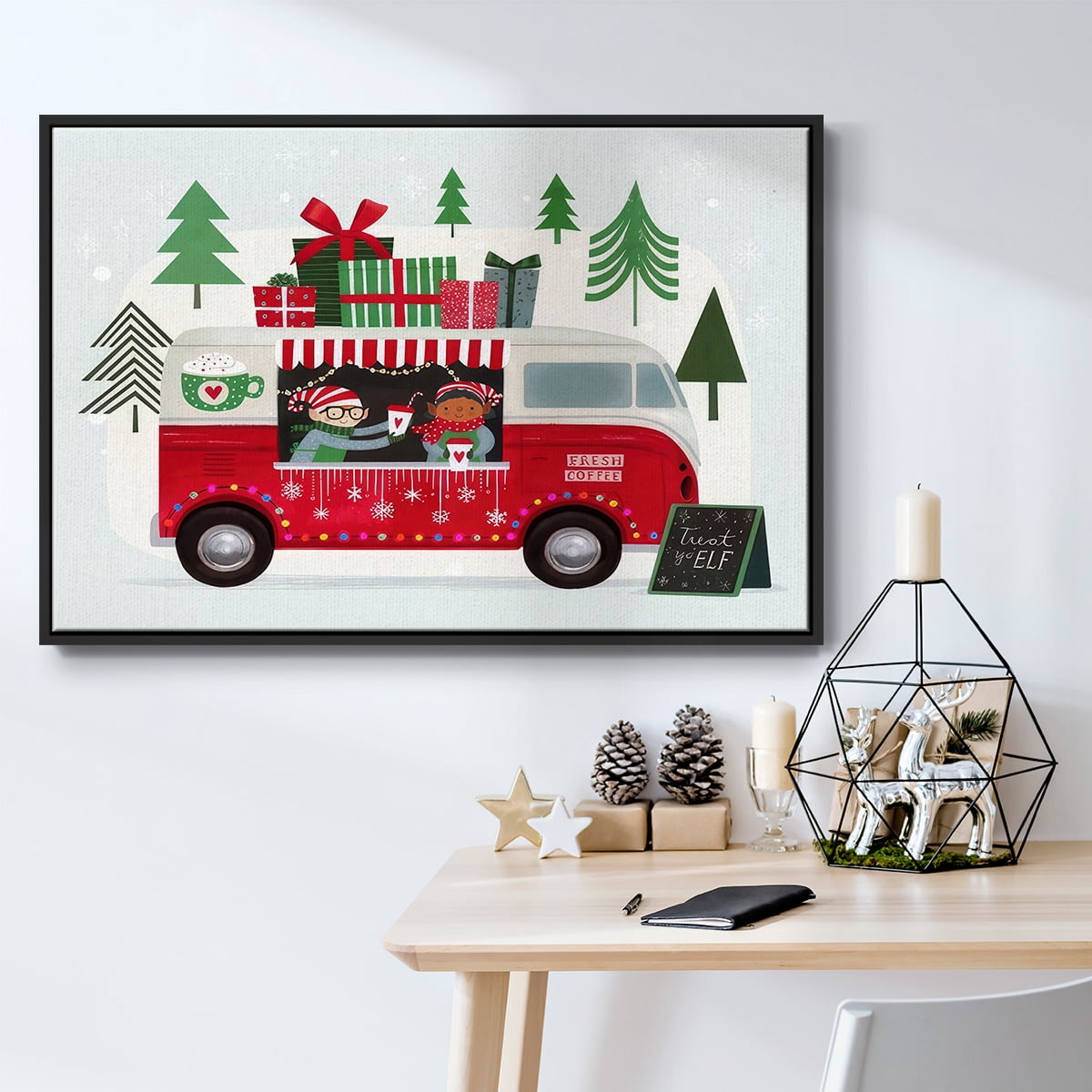 Santa's Foodtruck Collection A - Framed Gallery Wrapped Holiday Canvas - 25 x 37 - Black Frame
