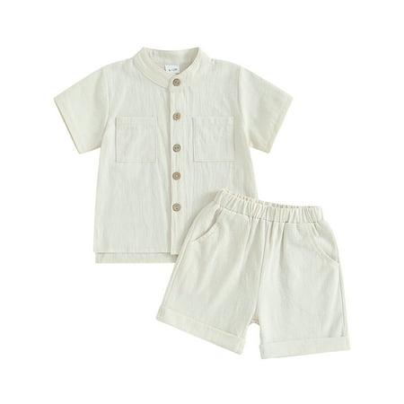 

Wallarenear Toddler Boys Outfits Short Sleeve Button Down Shirt Tops Elastic Waist Shorts Beige 2-3 Years