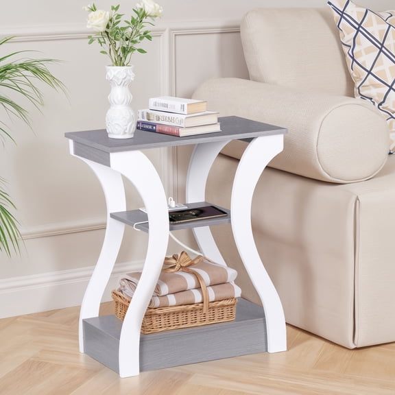 DJDG End Table, Nightstand with Charging Station, Narrow Sofa Table Small Side Table for Living Room, Bedroom, Small Spaces, 2 USB and 2 Power Outlets, 19.6" W x 11.8" D x 23.4" H, Grey