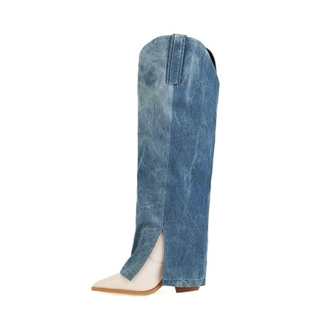 

Yoslce Cowboy Boots for Women Oversized Color-blocking Pointed Denim High-heeled Women s High-top Knee-length Boots Blue 38