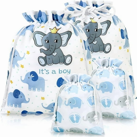 4 Pcs  Drawstring Gift Bags for Boy Reusable Fabric Wrap Bags 20 Inch Large 12 Inch Medium Elephants Treat Sacks for  Gender Reveal Party