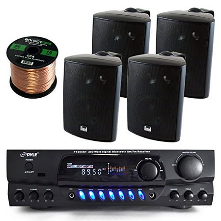 Pyle PT265BT Bluetooth 200 Watt Digital Karakoe Receiver Amplifier Bundle Combo With 4x Dual LU43PB 100-Watt 3-Way Black Indoor/Outdoor Speakers + Enrock 50 Foot 16g Speaker (Best Receiver Speaker Combo)