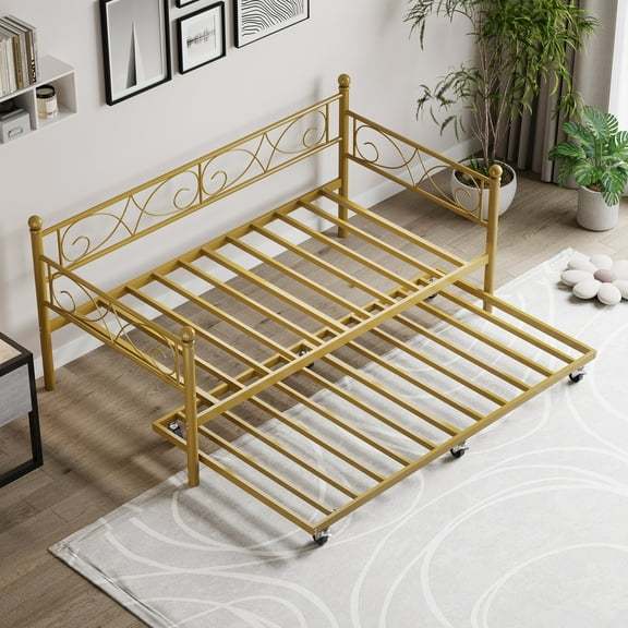 Twin Size Daybed Frame, Twin Size Metal Day Bed with Floral Headboard, Metal Sofa Bed Frame Modern Metal SOFE Bed Frame, Heavy Duty Steel Slats Supports Day Bed