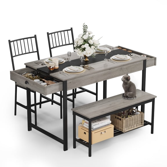 Space-Saving Dining Table Set for 4 - Farmhouse Rectangular Kitchen Furniture with Storage Drawers & Rack - Includes 2 Chairs and Bench - Ideal for Apartment or Small Spaces - Grey