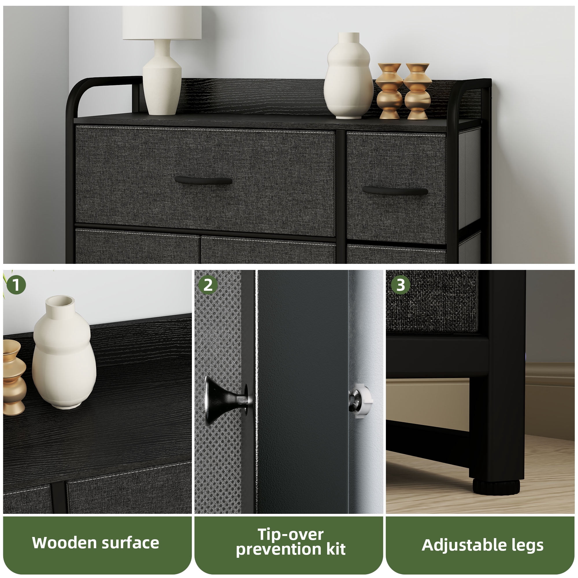 Uforic 7-Drawer Black-Gray Fabric Dresser withe Steel Frame for , Living Room and Study Room