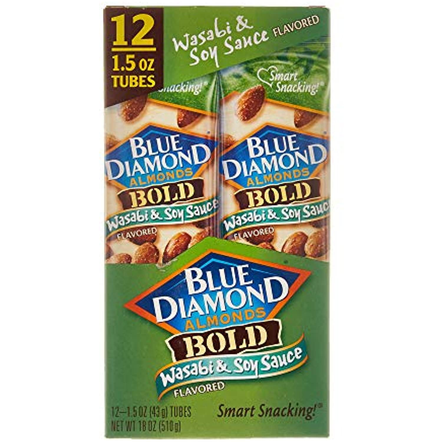 Blue Diamond Almonds, Wasabi And Soy (12 Count Of 1.5 Oz Tubes), 18 Oz