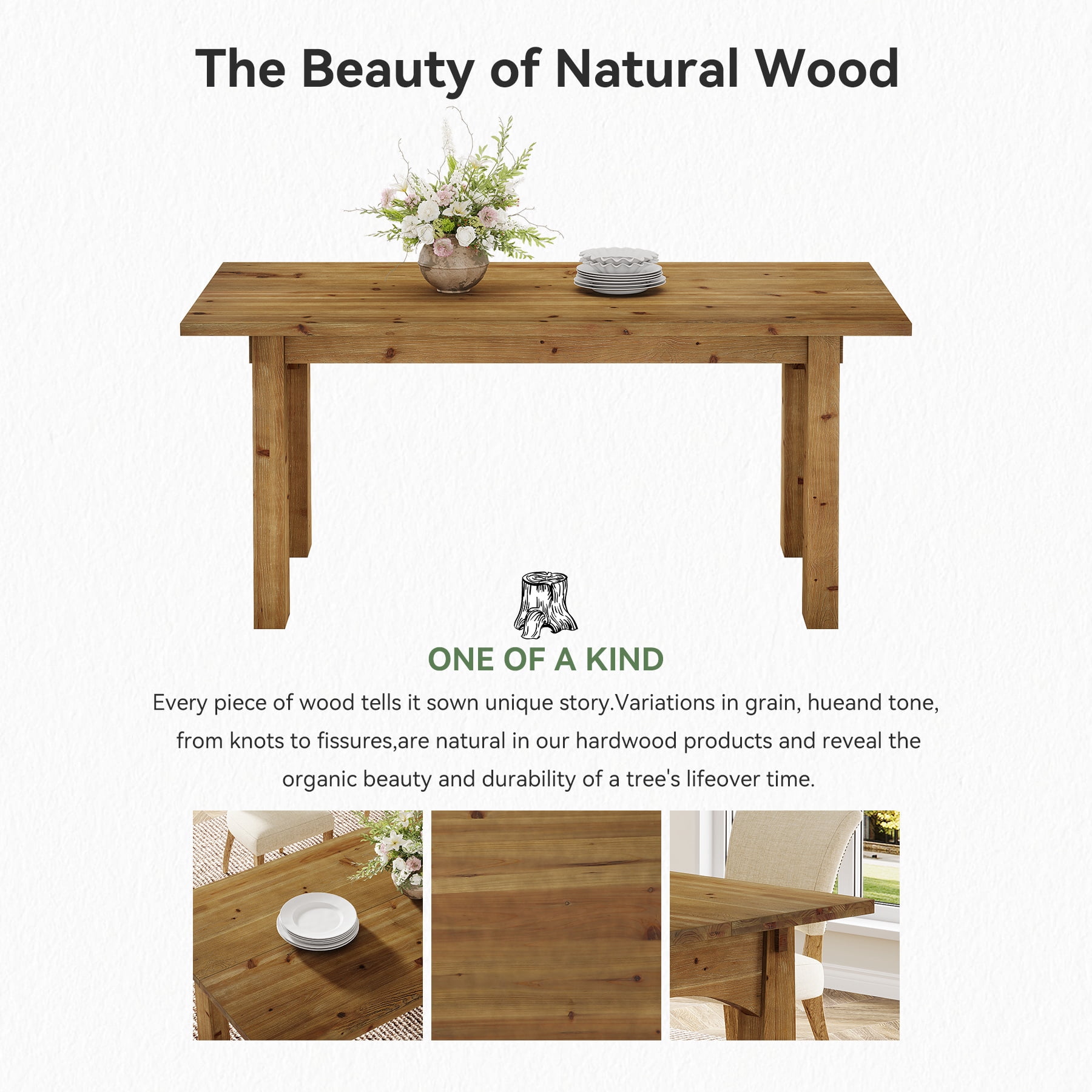 Solid Wood Dining Table for 4-6, 63" Farmhouse Kitchen Table Rectangular Dinner Tables