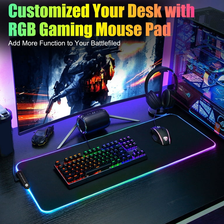 RGB Large Gaming Mouse Pad, TSV Extended Thick LED Keyboard Pad with 9  Lighting Modes, Anti-Slip Waterproof Oversized Computer Mouse Pad Mat,  XXXL/30.7x11.8inch, Black 