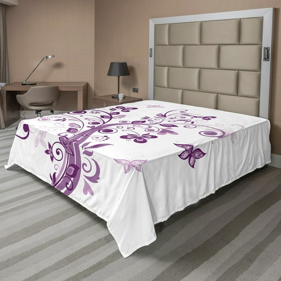 Ambesonne Mauve Flat Sheet, Flowers Leaf Butterlies, California King, Purple White