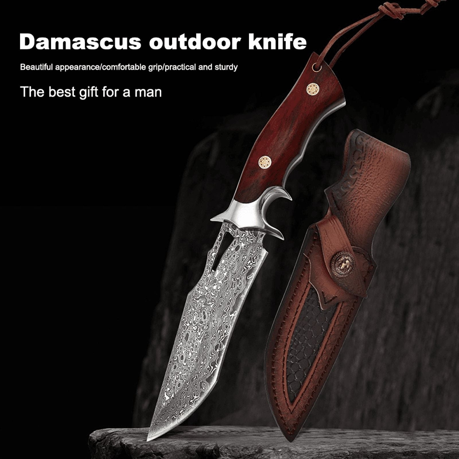 Hunting Knife with Damascus Steel Blade, Full Tang Fixed Blade with Leather Sheath