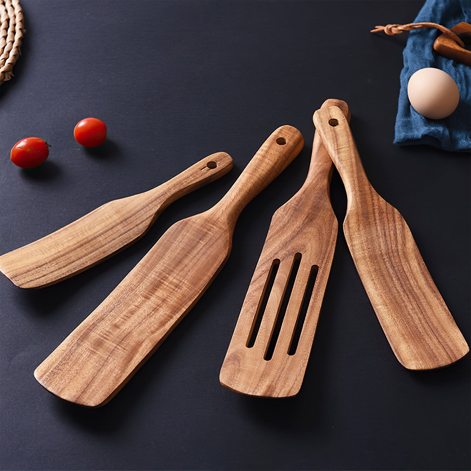 Wood Kitchen Spatula Set, 4pcs Natural Teak Wooden Spoons Non Stick Cookware Utensil Set for Cooking