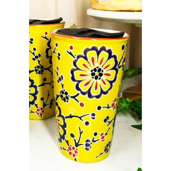 Yellow Floral Cherry Blossoms Ceramic Travel Mug Cup 12oz With Lid Hot Or Cold