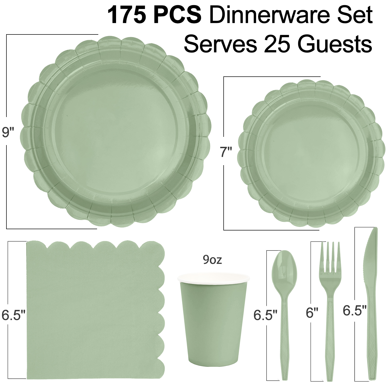 Inadays 175Pcs Disposable Party Supplies Includes Green Paper Plates Cup Napkins Forks Spoons Knives, Dinnerware Set for Garden Party Birthday BBQ Baby Shower Wedding, Serve 25 Guests