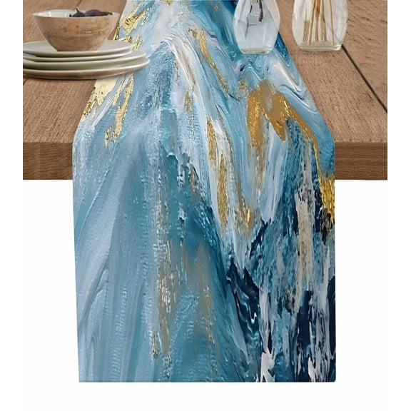 Abstract Turquoise Table Runner-Cotton Linen- 120 Inch Holiday Dresser Scarves, Aqua White Gold Waves Brush Paint Tablerunner for Kitchen Coffee/Dining Bedroom Living Room Dinner Scarf Décor 13x120