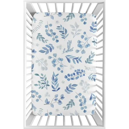 UPC: 0846480082309 | Botanical Blue Leaf Fitted Mini Crib Sheet by Sweet Jojo Designs