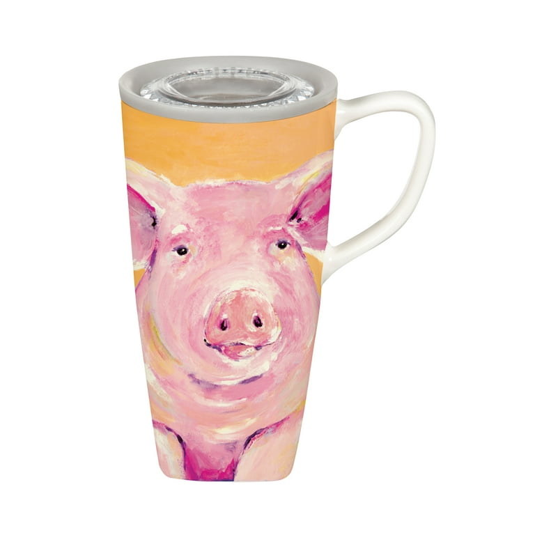  Cypress Home Pretty Pink Pig Ceramic Latte Travel Cup 17 oz:  Home & Kitchen